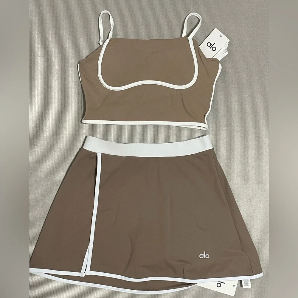 ALO Yoga Taupe Two-Piece Skirt Set with White Trim